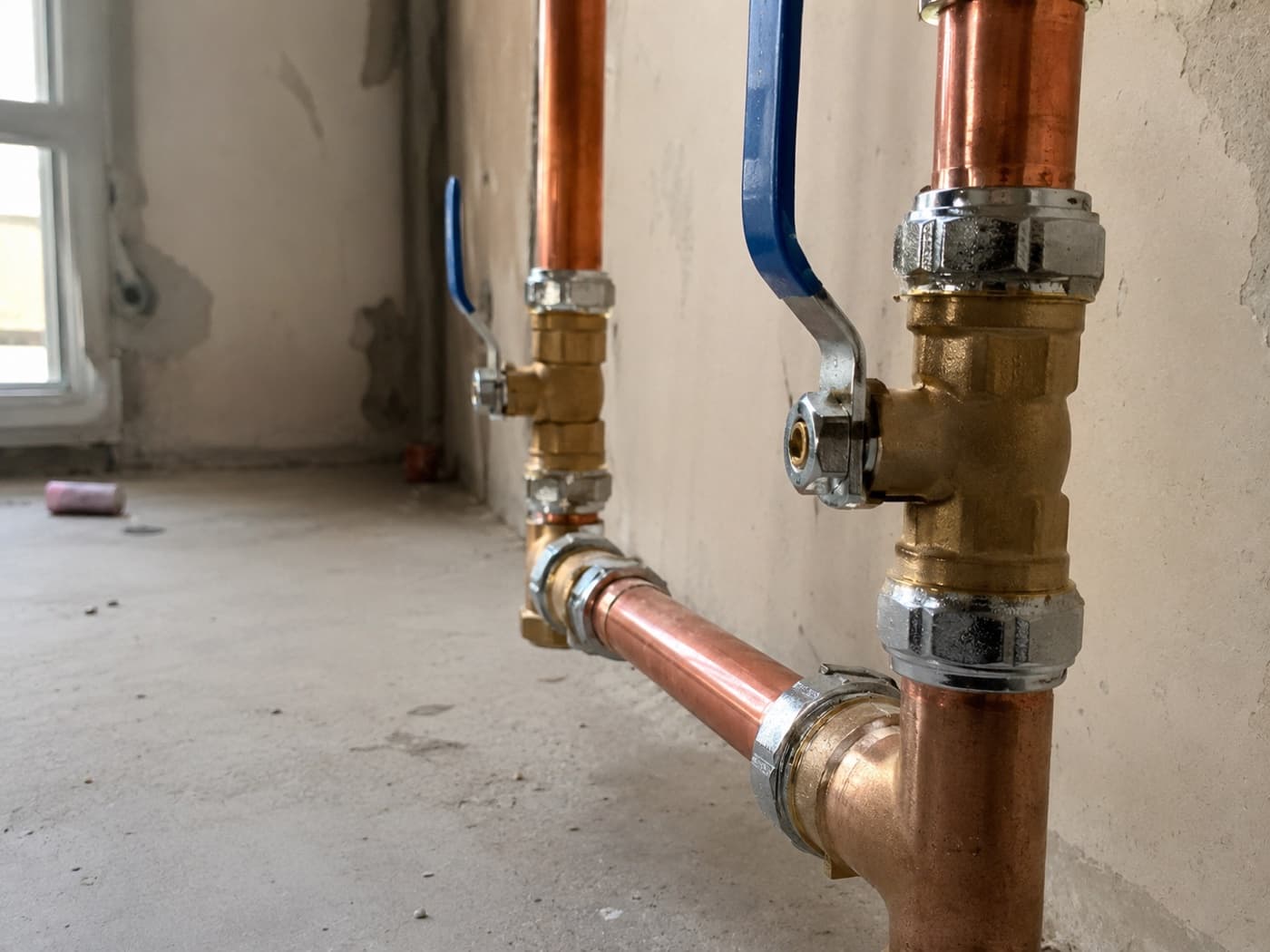 Copper supply lines and ball valves at the point of entry where a softener is installed in an Indianapolis home — Indiana Flow