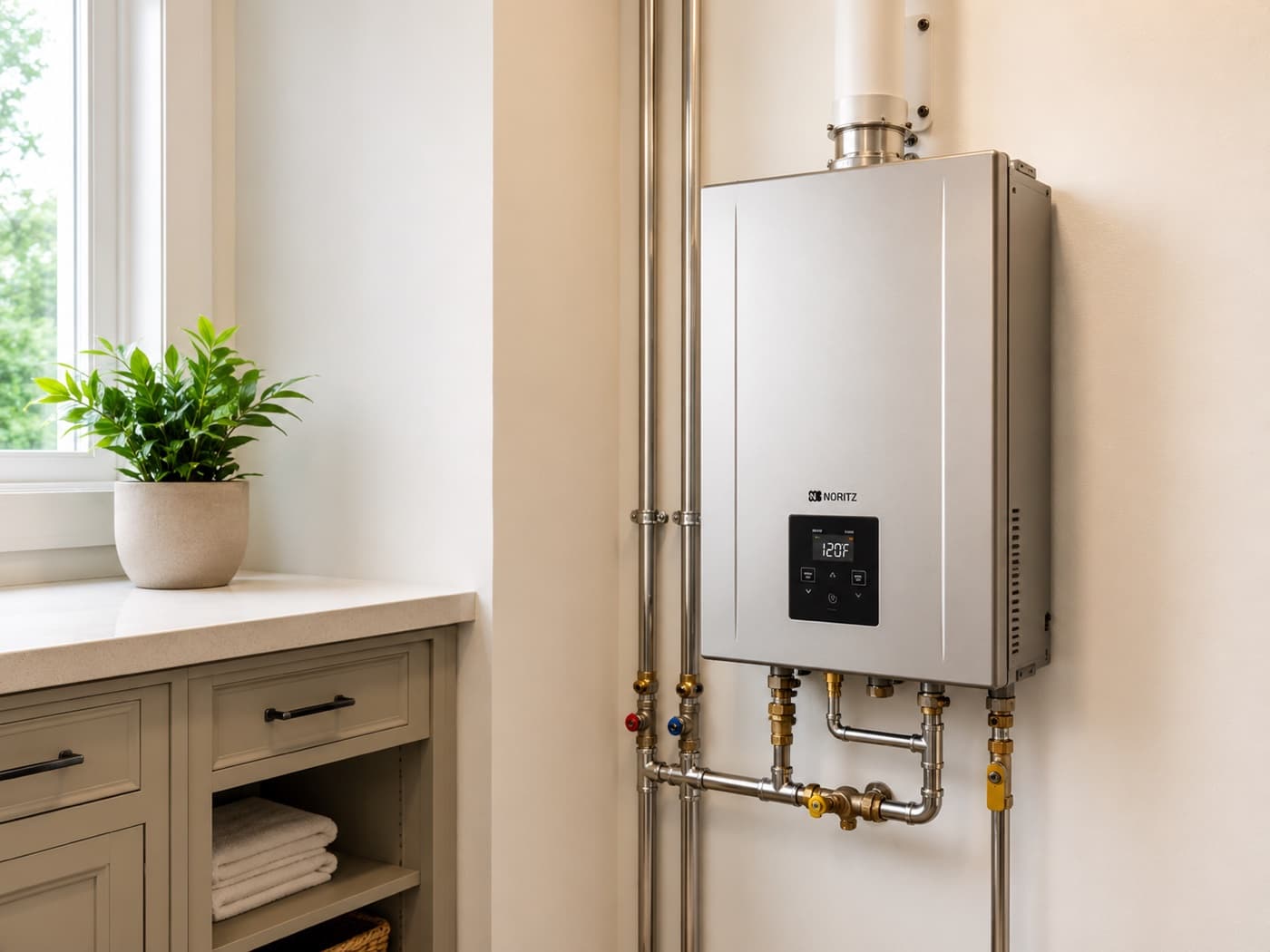 Tankless water heater installed in a central Indiana home, the kind of equipment softened water protects from scale — Indiana Flow