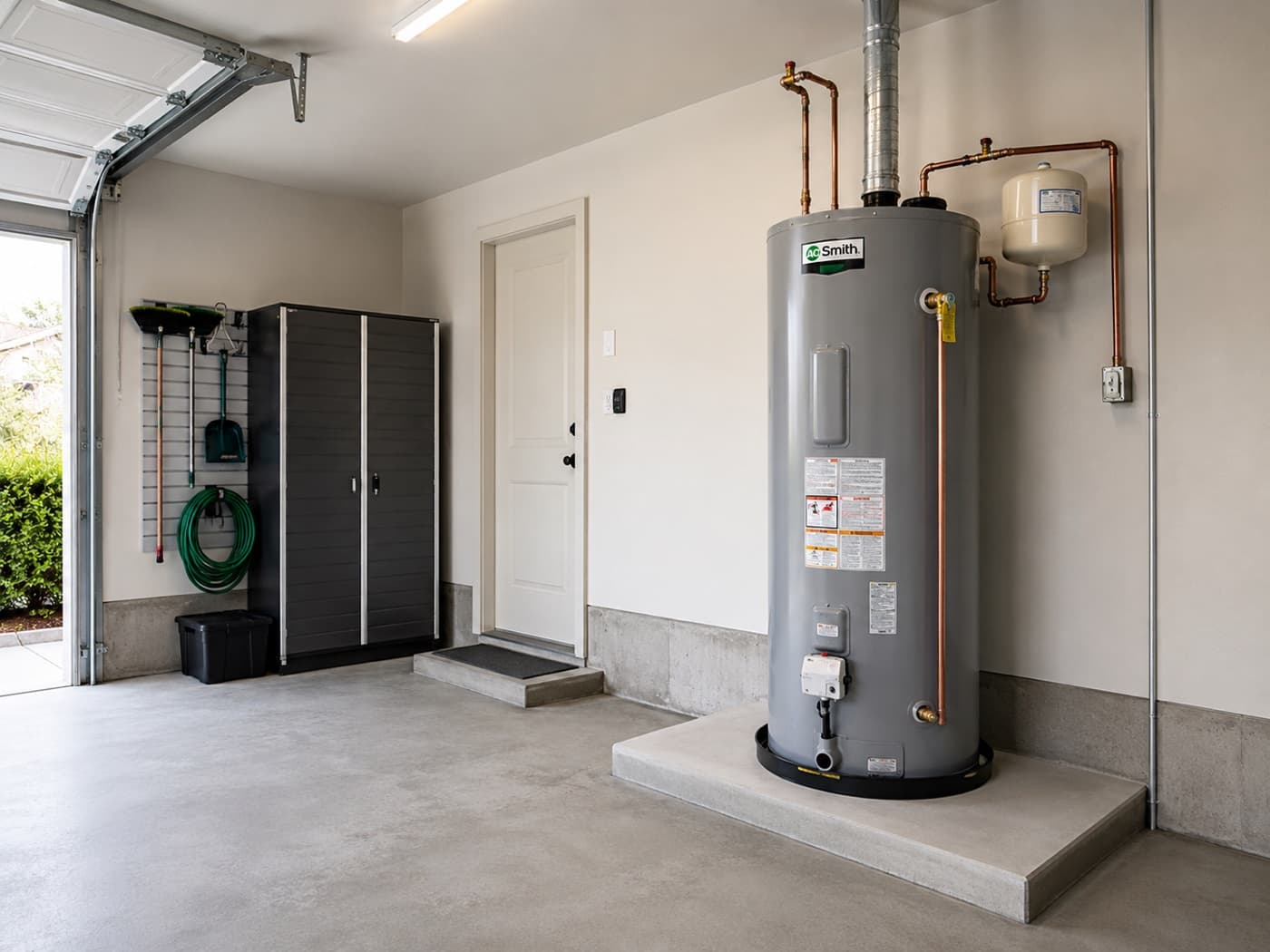 New water heater installed in an Indianapolis garage by Indiana Flow — licensed Indiana plumber PC12000053